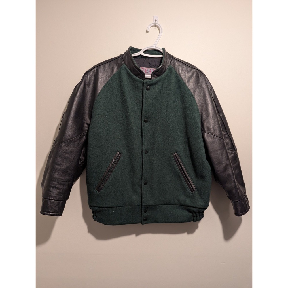 Men's Dark Green Wool & Black Leather Sleeve Bomber Jacket